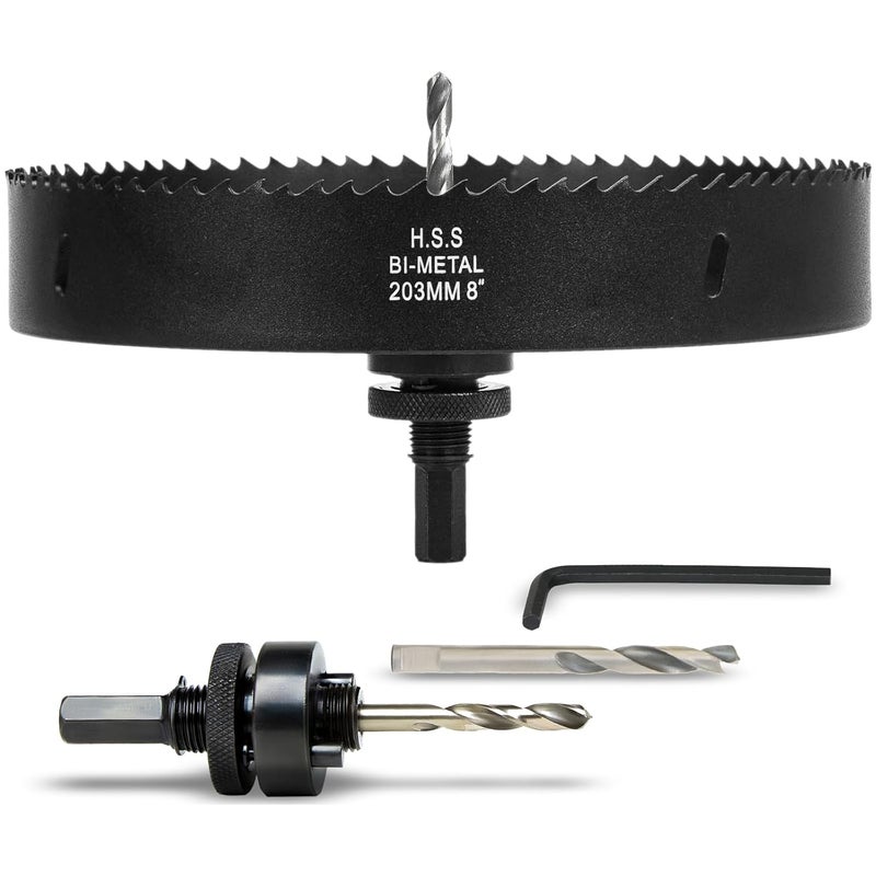 VIKITON 8 Inch Hole Saw with Arbor for Wood Metal Plastic, 8 in Bimetal Hole Cutter, Fast Chip Removal, Smooth Flat Drilling Edge, Lightweight & Portable (Black) - Image 1